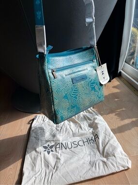 Anuschka Teal Blue Floral Dragonfly Embossed Leather Medium Crossbody Purse Bag